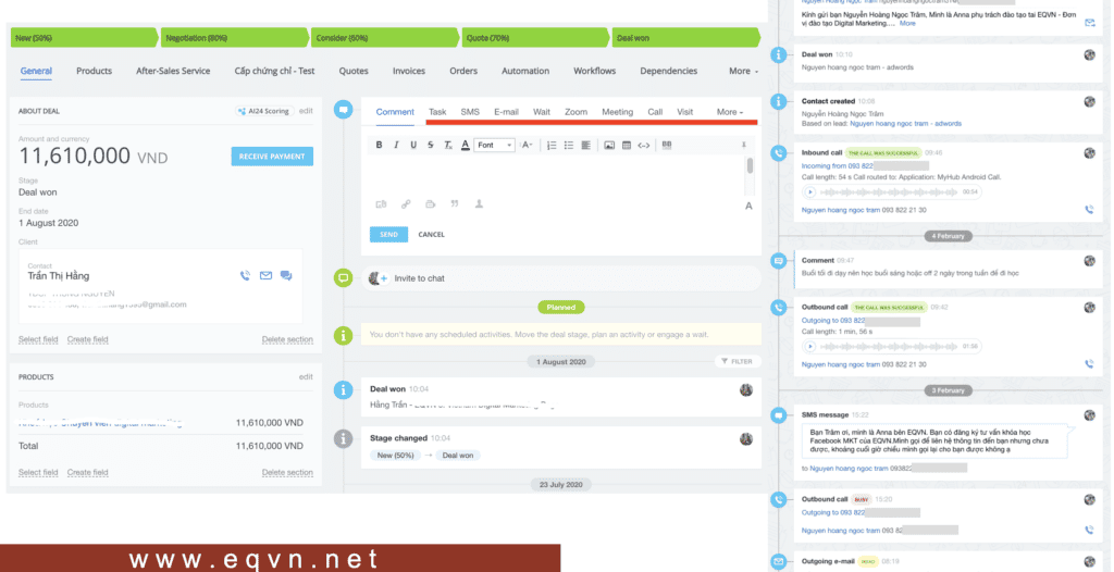 Màn hình CRM tương tác khách hàng của nhân viên 