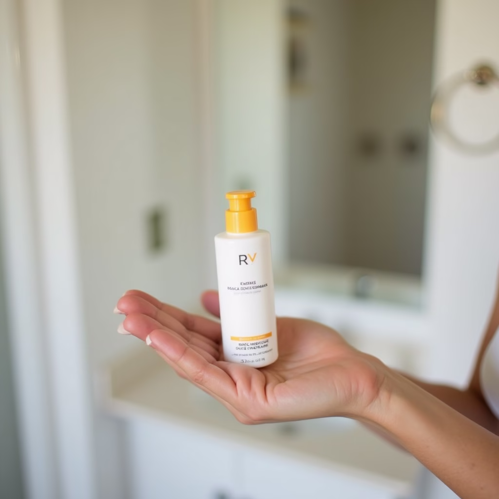 An image representing a minimalist skincare routine: A woman's hand holding a single, multi-purpose product (e.g., tinted sunscreen), with a blurred background of a clean, simple bathroom. Focus on conveying the idea of 