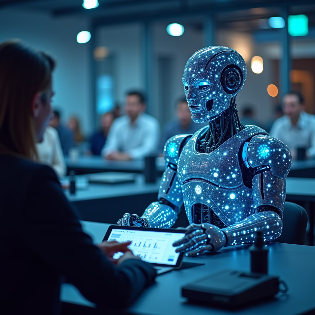 A multinational business meeting focusing on AI agent solutions for enhanced customer experience in 2025, showcasing diverse professionals collaborating to develop and implement AI-driven customer service strategies.