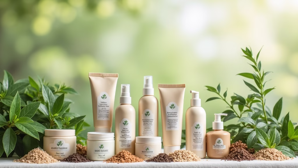 A beauty product display featuring sustainable packaging and natural ingredients. The background includes elements representing environmental consciousness, such as plants and recycling symbols, to emphasize the brand's commitment to sustainability and ethical practices.
