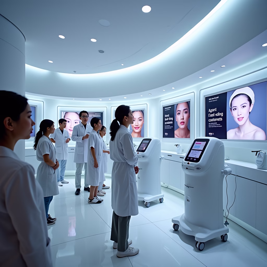 A futuristic display of non-invasive cosmetic technology in a high-end clinic in Seoul, South Korea. The scene features advanced machines with digital interfaces, designed to rejuvenate and tighten skin without surgery. A diverse group of patients and medical professionals interact with the technology, highlighting its popularity and accessibility.
