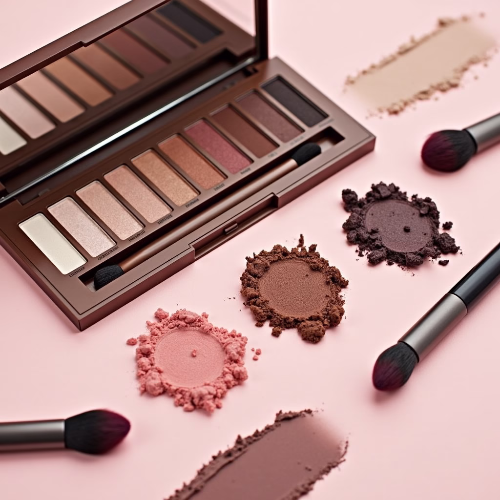An eyeshadow palette featuring muted colors like Mocha Mousse and soft strawberry hues, displayed with brushes and a finished eye makeup look.