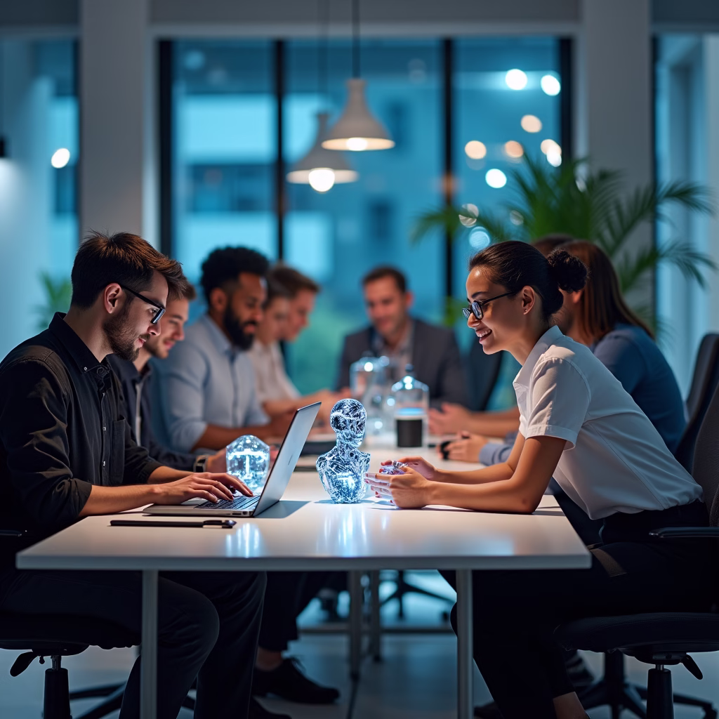 A group of diverse workers collaborating with AI agents in an office setting in 2025, demonstrating how AI assists in complex tasks, enhancing human productivity and fostering collaboration between humans and AI in the workplace.