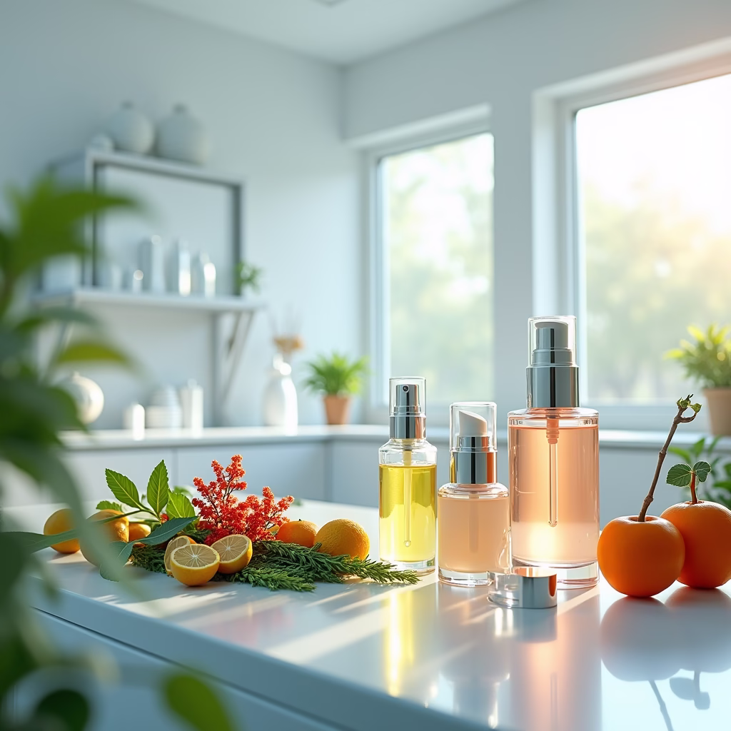 A visually appealing scene in a modern Korean cosmetic lab. Showcase natural ingredients like herbs, flowers, and fruits alongside advanced nanotechnology equipment. The lab should have a clean, futuristic design, emphasizing the blend of nature and technology in Korean beauty product development.