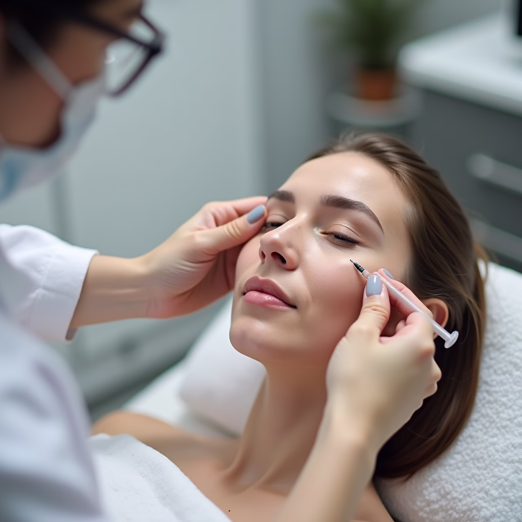 Close-up shot of a skincare specialist in Vietnam performing a Mesotherapy injection on a patient's face, emphasizing precision and sterile technique. The background shows a clean, professional environment.