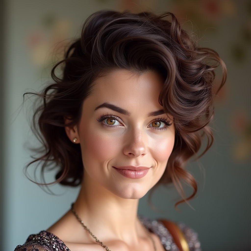 A woman with tousled, slightly messy hair, styled in a vintage glamour bouffant. The lighting is soft and flattering, highlighting the texture and volume of the hair.
