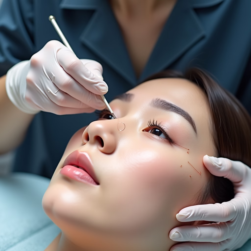 Close-up of a technician in a Korean beauty clinic performing a non-incision eyelid procedure on a patient, using fine threads to create a natural crease, focus on precision and care, sterile environment.
