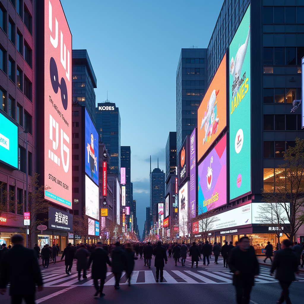A bustling cityscape with digital billboards showcasing AI-generated art and content, reflecting the generative AI revolutionizing marketing in Japan.