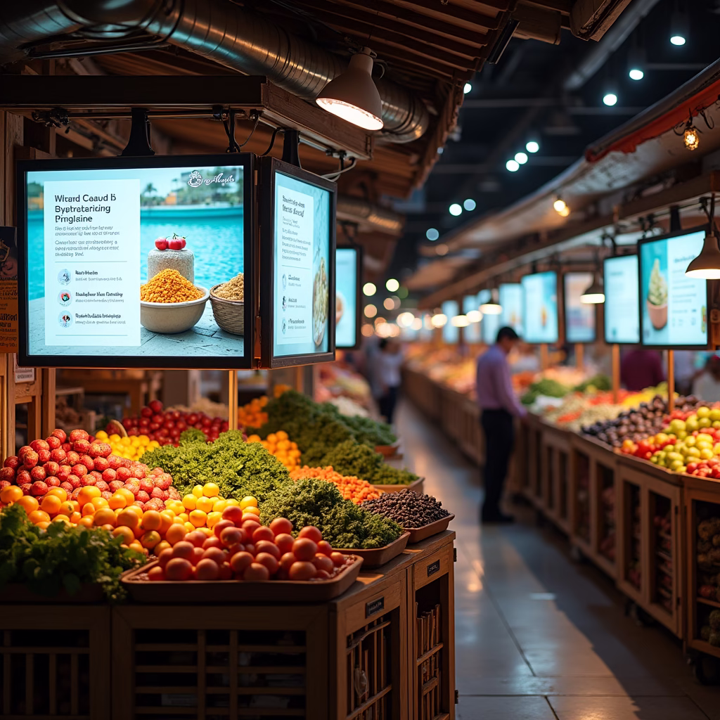 A vibrant Vietnamese market scene with a modern twist, showcasing hyper-personalized product recommendations displayed on digital screens above traditional stalls, blending the old and new seamlessly.