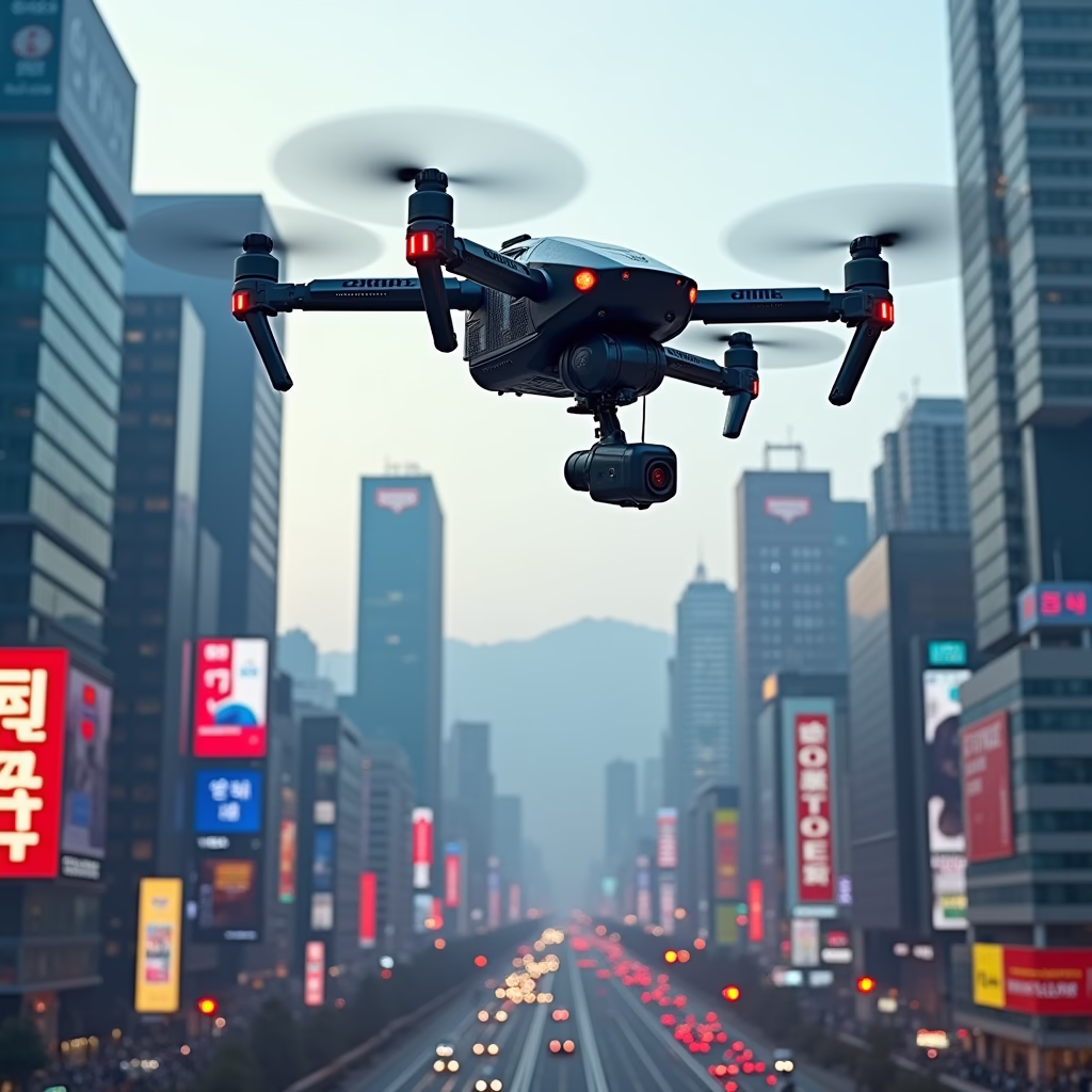 A futuristic cityscape in South Korea, where AI-powered drones deliver personalized advertisements in real-time, optimizing ad campaigns based on viewer reactions captured by AI.