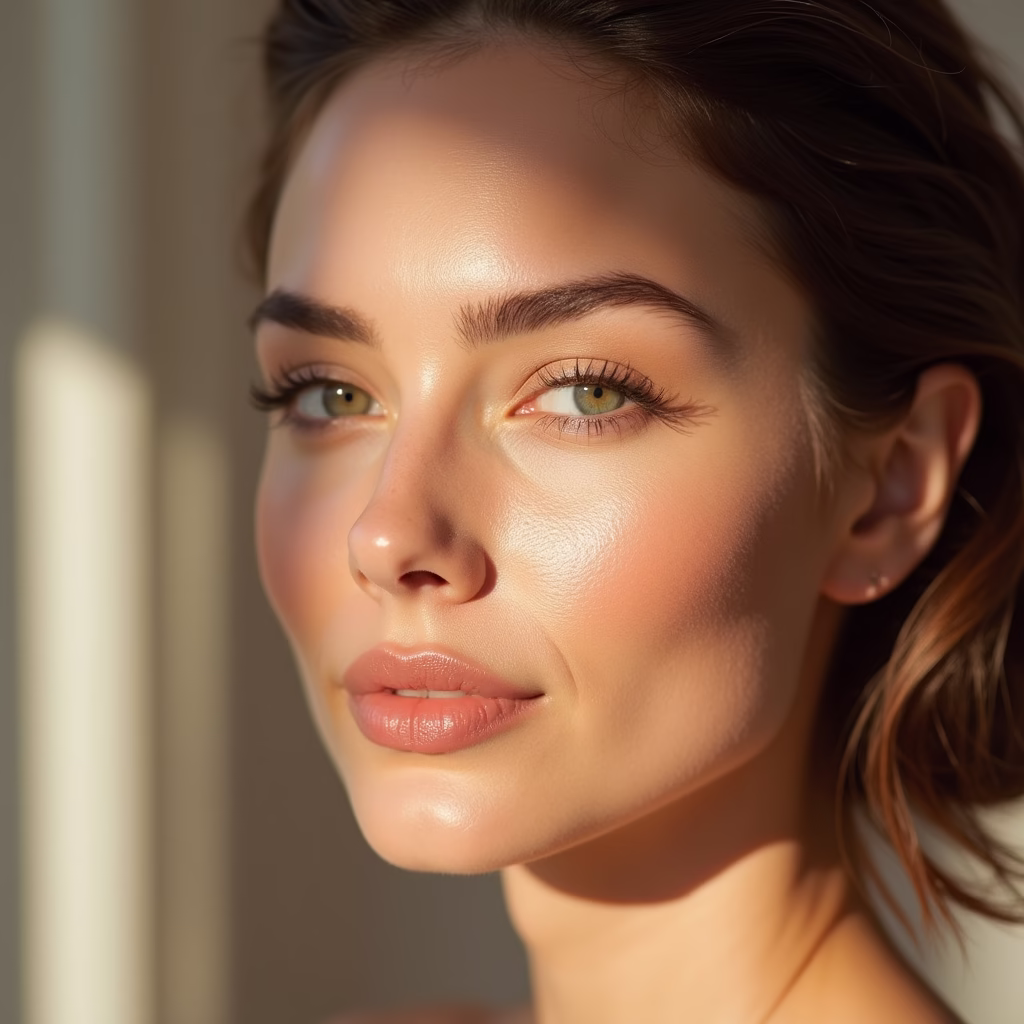 A close-up shot showcasing the subtle glow achieved with highlighter on a woman's face, emphasizing natural light and a flawless complexion.