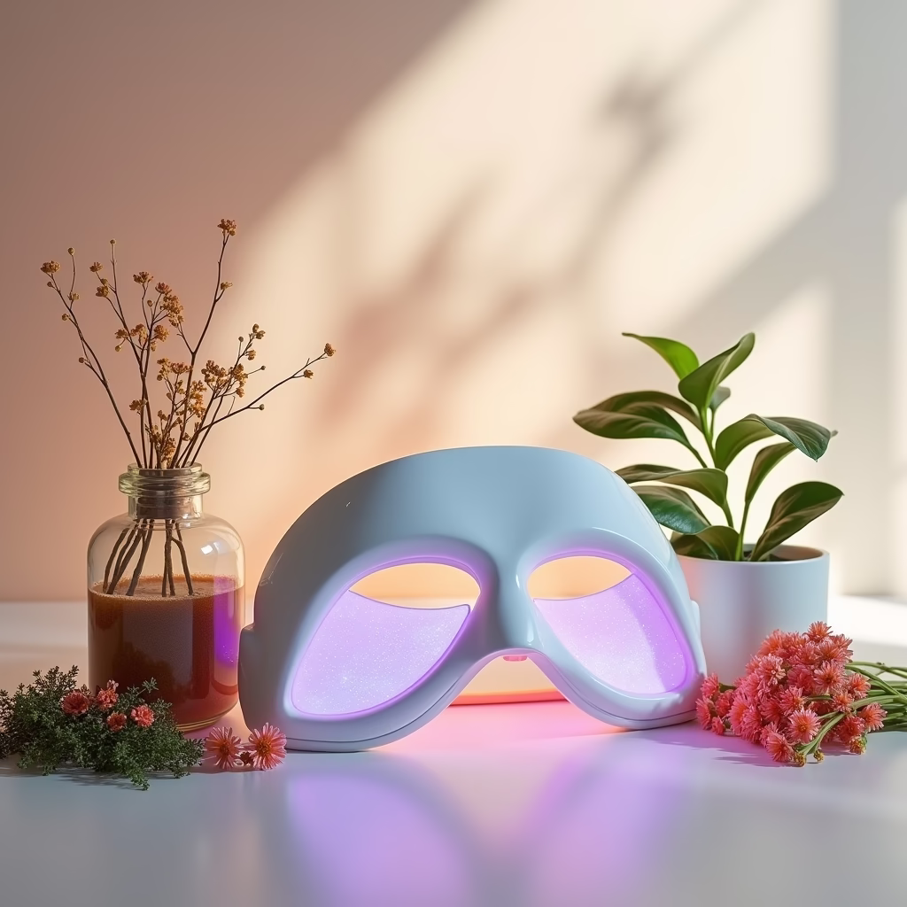 A visually appealing image showcasing a blend of natural ingredients (like herbs, flowers) and high-tech beauty tools (like LED masks, skin analyzers) on a sleek, modern surface. The color palette should be soft and inviting, emphasizing the fusion of nature and technology in beauty.