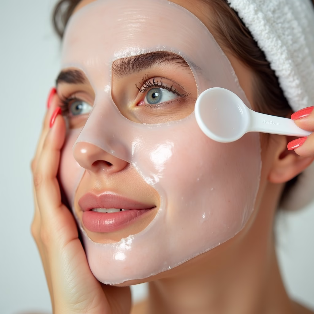 A woman applying a hydrogel mask to her face, highlighting the mask's smooth texture and its hydrating effect on the skin.