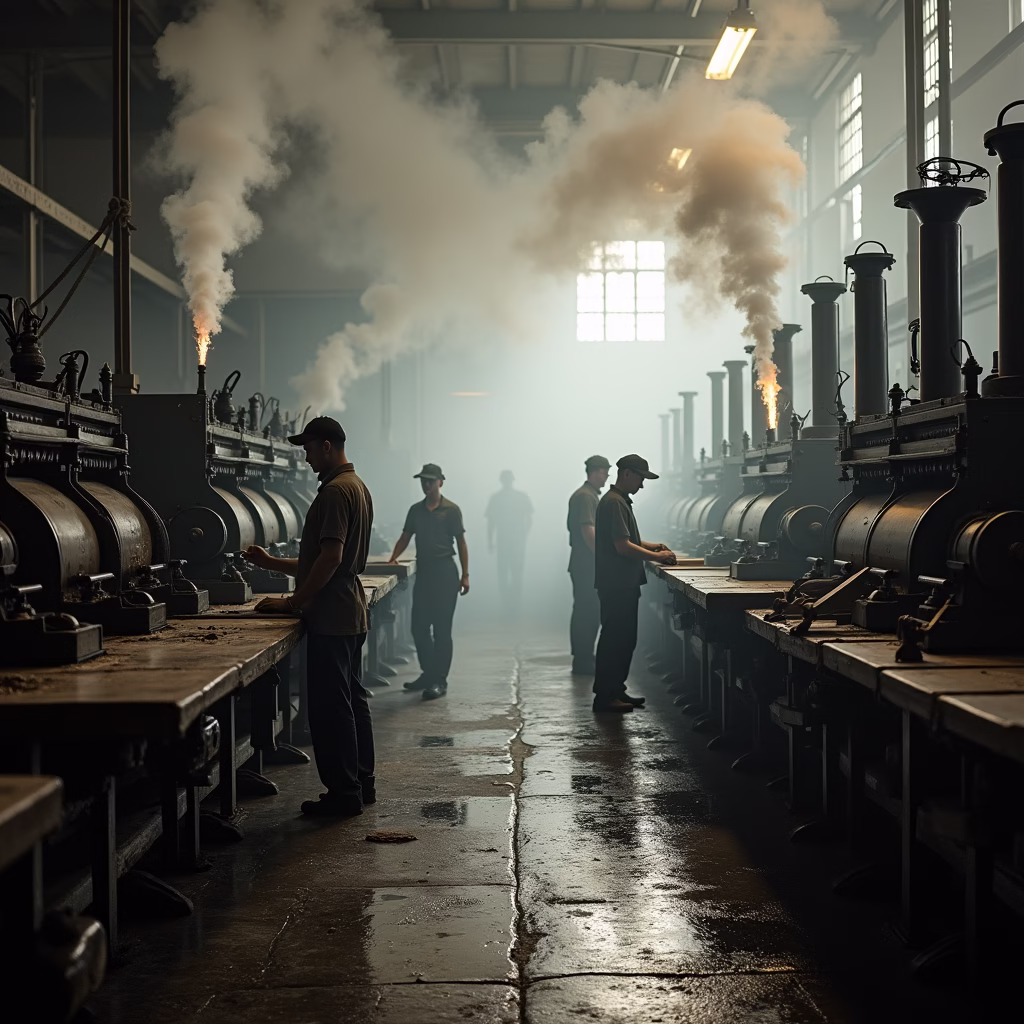 A smoky factory scene from the Industrial Revolution, with machines churning out products and workers diligently operating them. Convey the sense of mass production and the shift from handcrafted goods to factory-made items.