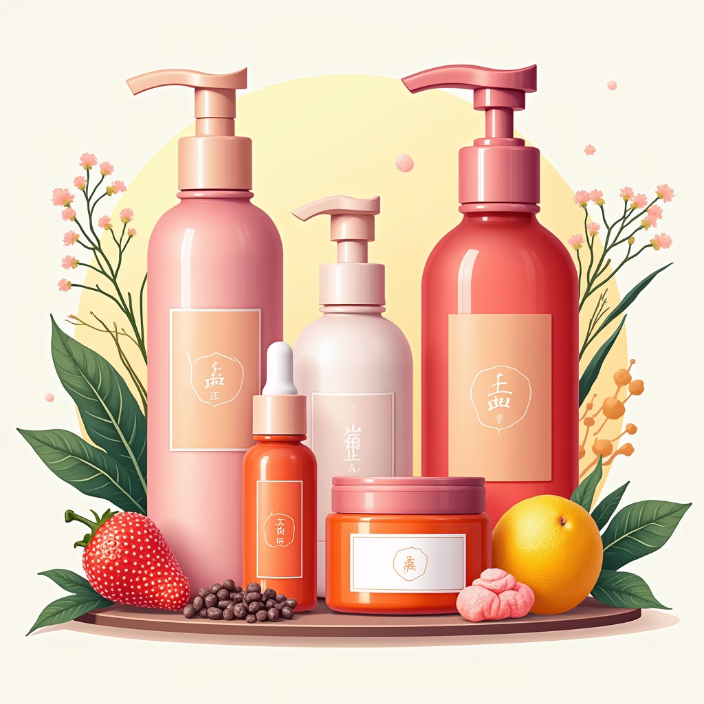 A vibrant and modern illustration showcasing the resurgence of K-Beauty in 2025. Feature traditional Korean elements blending with futuristic skincare products, highlighting natural ingredients and innovative formulas. The style should be clean, bright, and appealing to Gen Z and Millennials, with a focus on popular K-Beauty items.