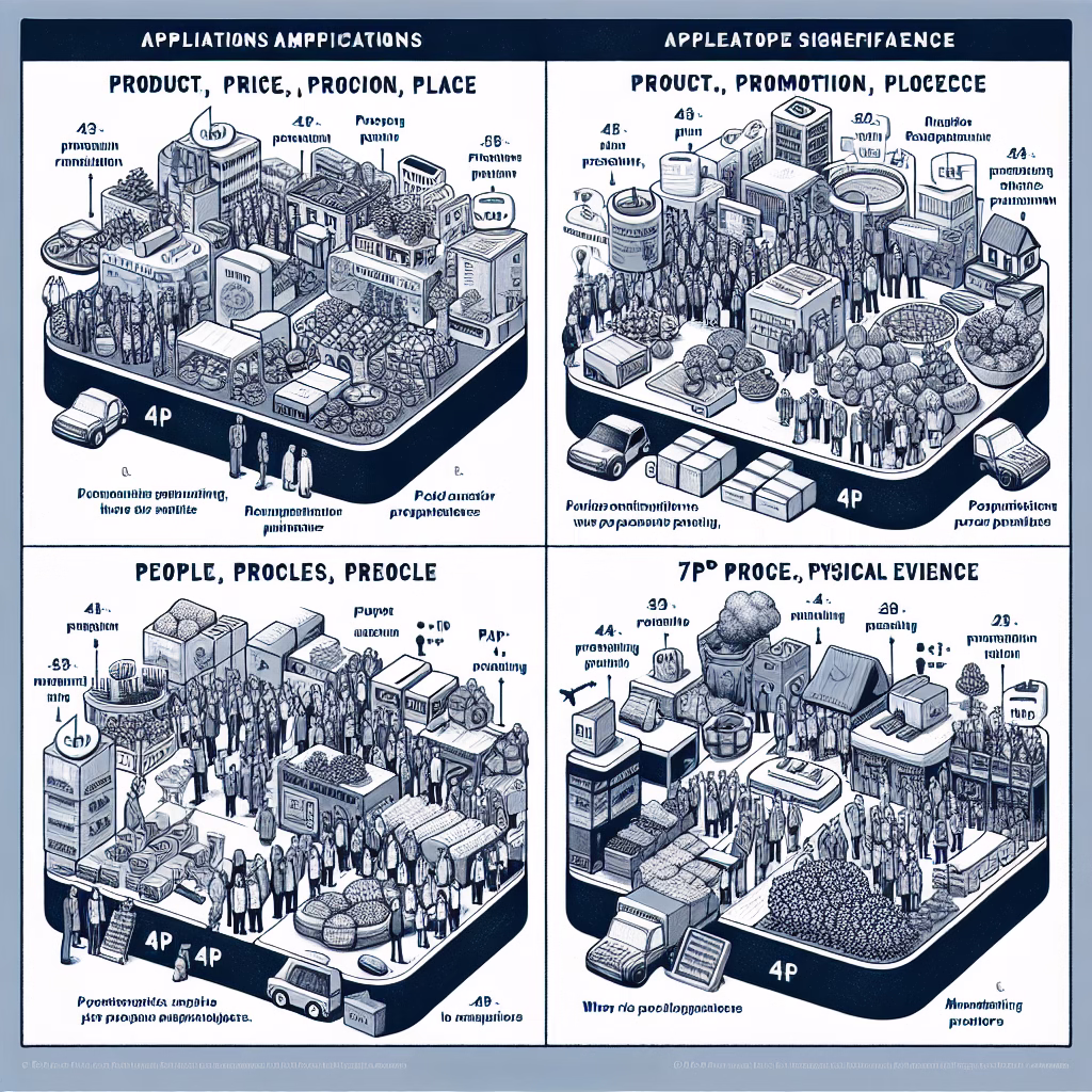 A comparative table contrasting the applications and relevance of the 4P and 7P marketing models in different industries, showcasing scenarios where each model is most effective.