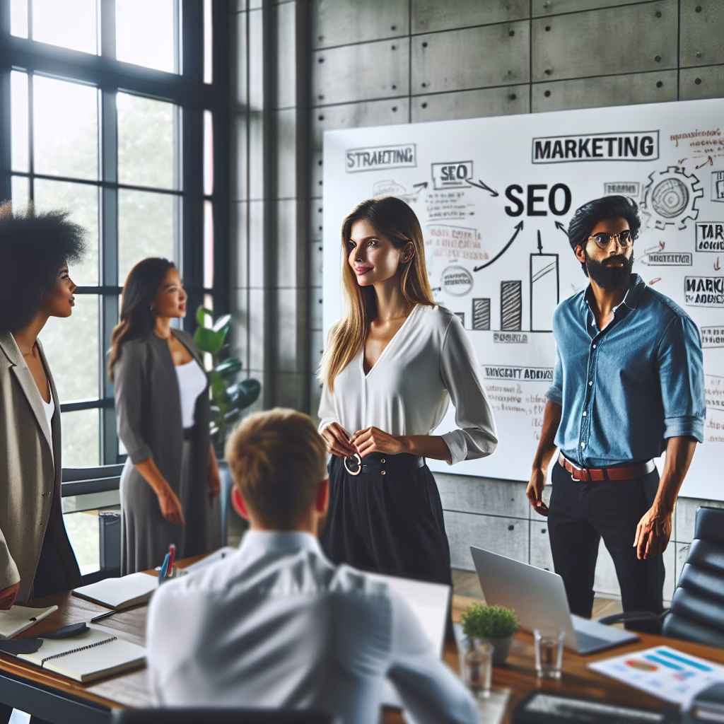 A marketing manager standing in front of a whiteboard covered in strategic planning notes, surrounded by team members in a modern office. The scene emphasizes collaboration and a forward-thinking approach to marketing strategy.
