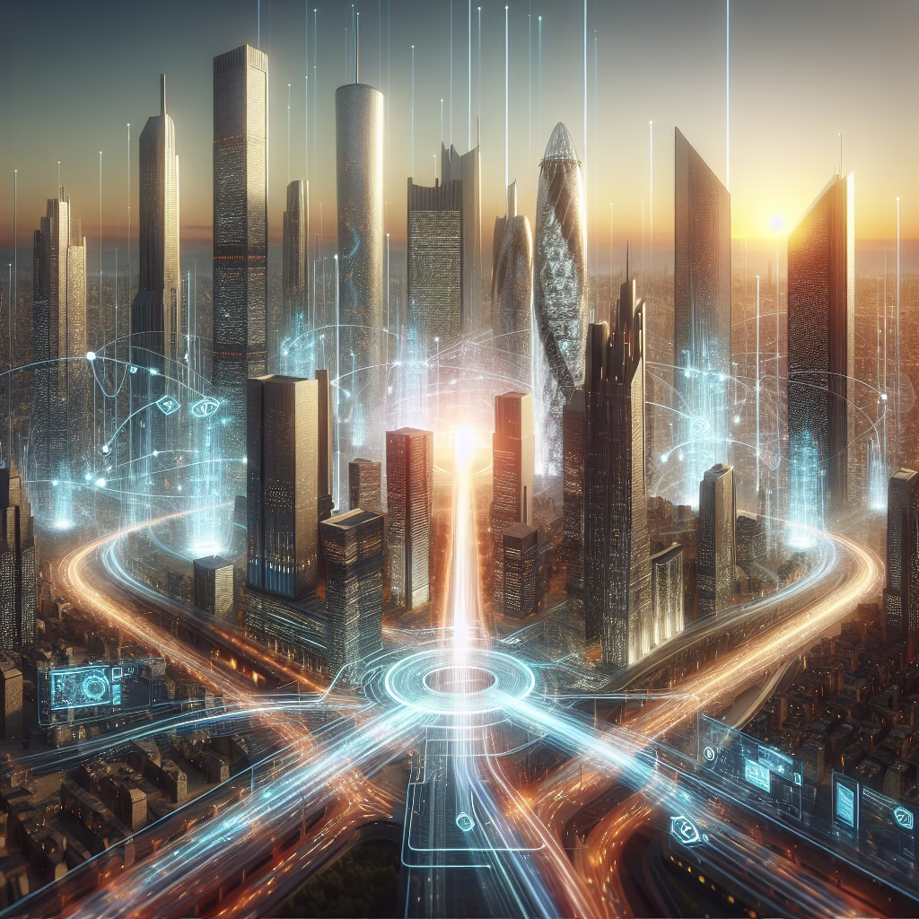 A futuristic cityscape with glowing skyscrapers, data streams flowing between buildings, and a central holographic display showcasing the logos of leading LLM companies like OpenAI, Google, and Meta. The overall tone should be vibrant and technological.
