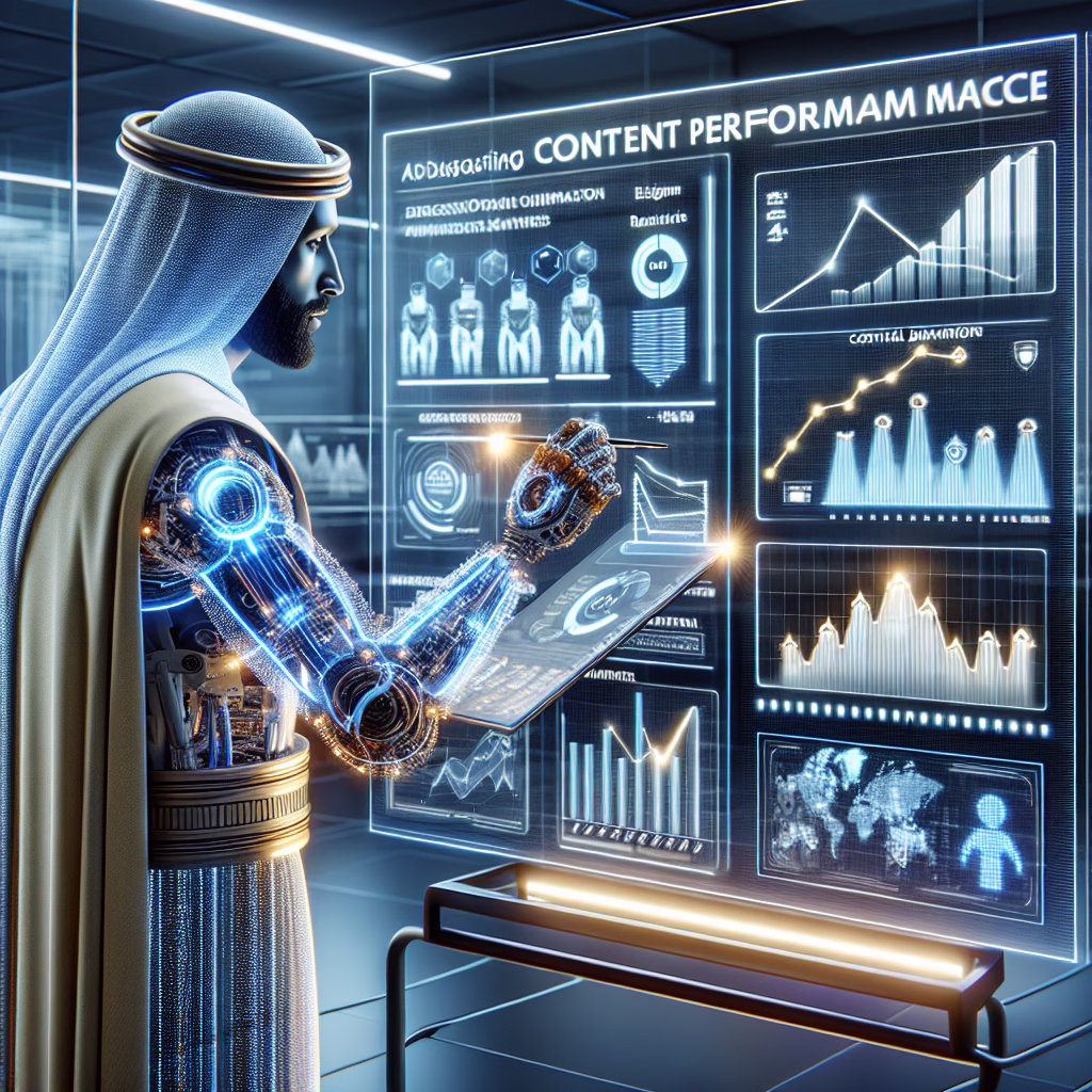 AI analyzing content performance metrics, providing insights on engagement, relevance, and effectiveness to optimize marketing strategies and improve audience reach.
