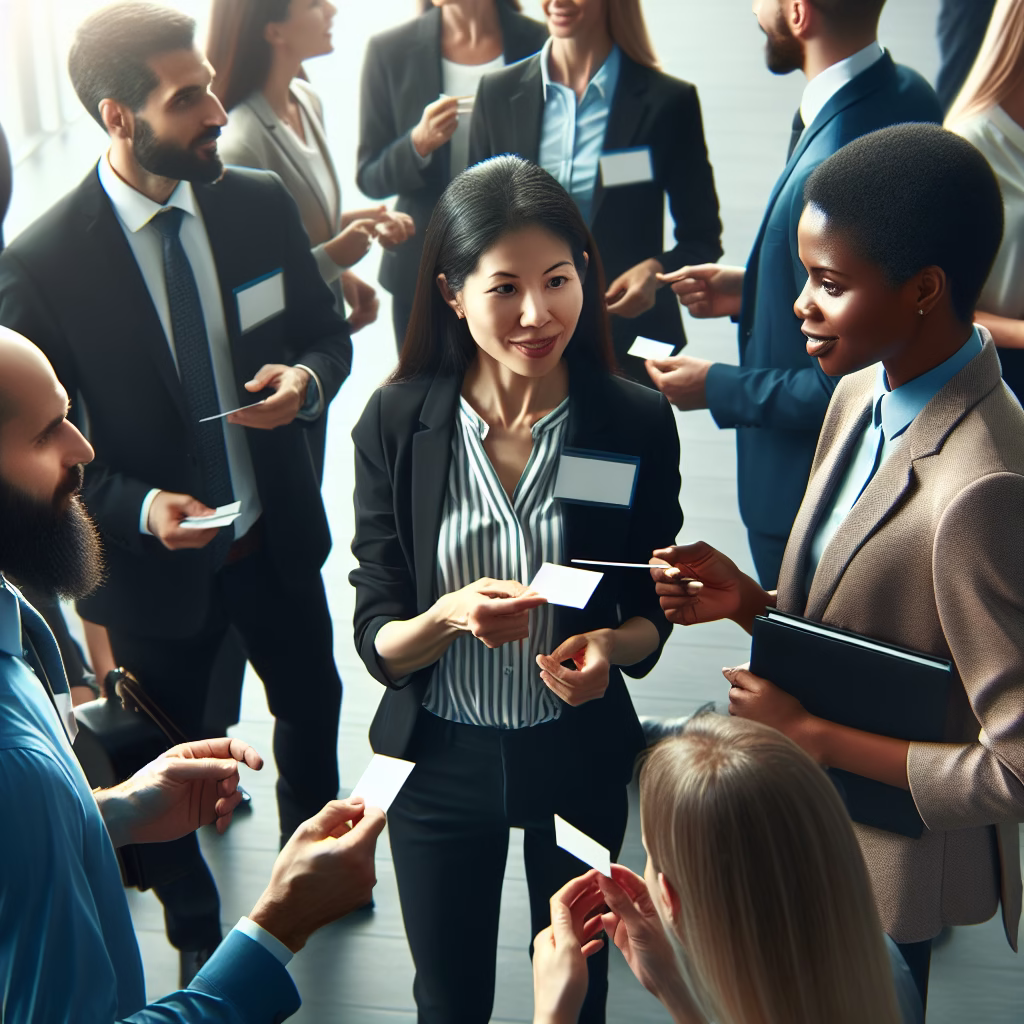 A diverse group of business professionals networking at a B2B conference, exchanging business cards and engaging in conversations. Focus on building relationships and fostering connections.