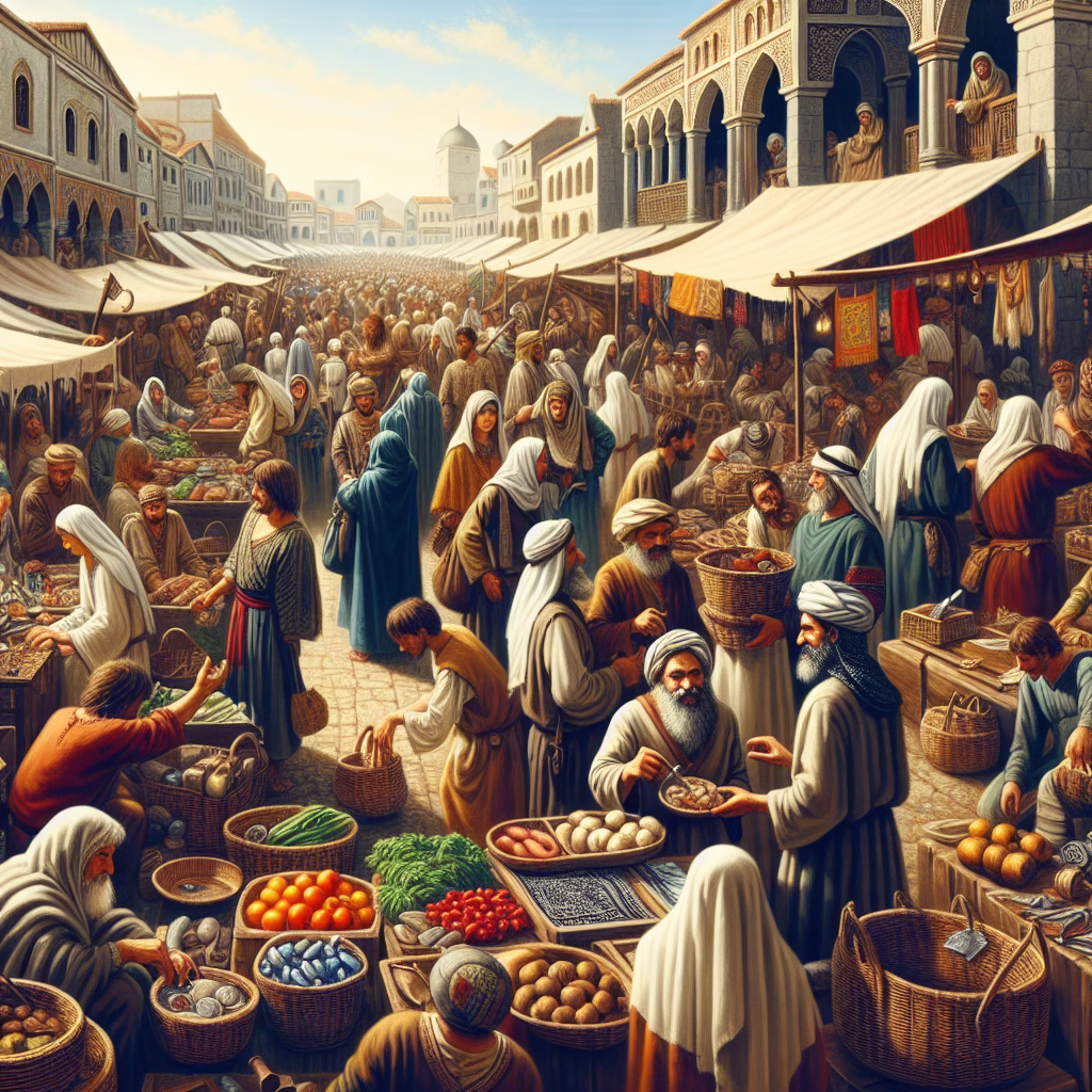 A bustling marketplace in a pre-industrial era town, with vendors displaying their goods and customers haggling over prices. Focus on the raw, direct exchange of goods and the social interaction between buyers and sellers.
