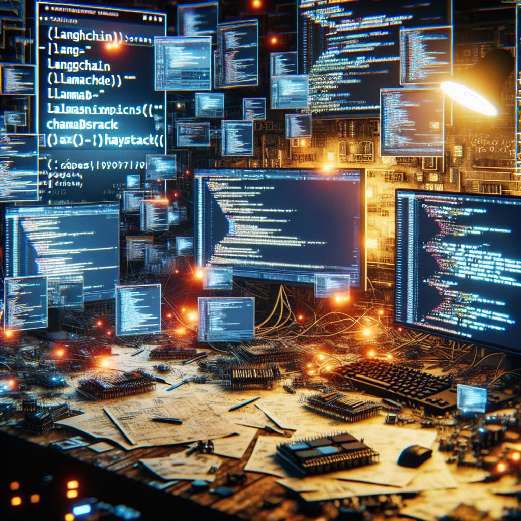 A digital workbench cluttered with code, circuit boards, and glowing screens displaying the logos of popular LLM frameworks like LangChain, LlamaIndex, and Haystack, representing the hands-on development process.