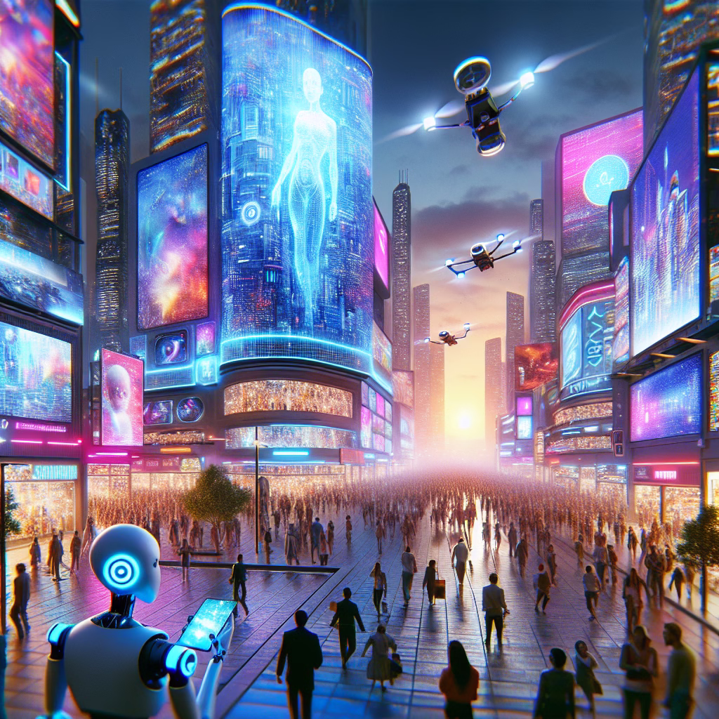 A futuristic cityscape with digital screens displaying personalized YouTube content, AI assistants helping users navigate, and flying drones capturing video footage for YouTube Shorts. The scene is vibrant and energetic, showcasing the integration of AI and personalized experiences in YouTube marketing.