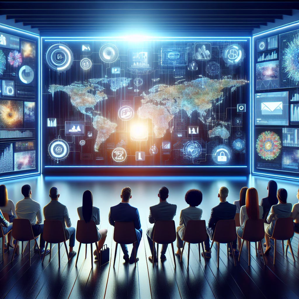 A diverse group of people looking at a bright screen displaying various marketing channels. The scene is vibrant and modern, symbolizing the challenge of attracting new customers in a competitive market.