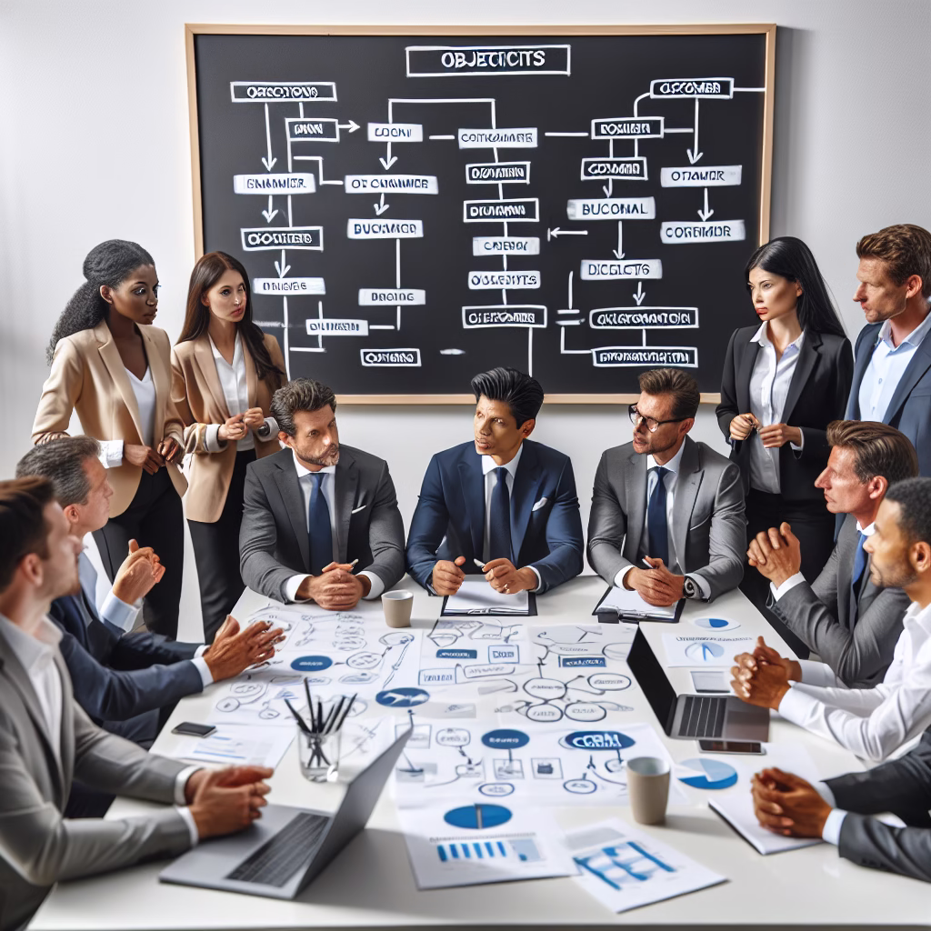 A team of business professionals brainstorming around a table, focusing on defining clear objectives and identifying customer needs for CRM implementation. Whiteboard with flowcharts and business goals in the background.