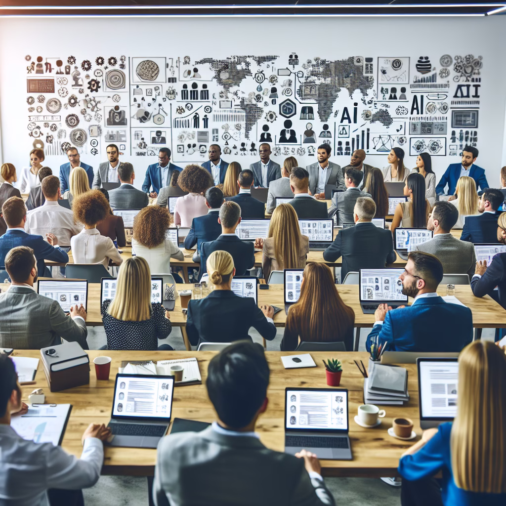 A workshop setting with business professionals participating in an AI awareness and training session, emphasizing learning and technology adoption.