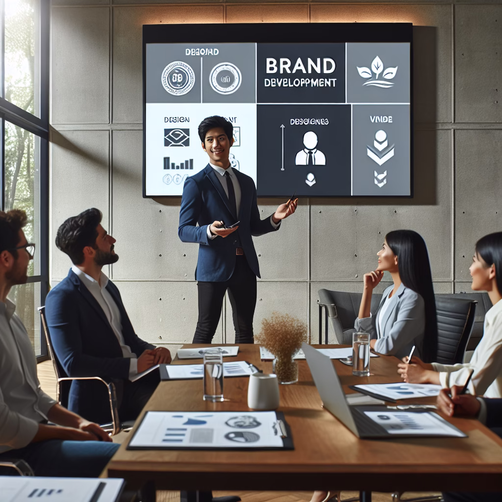 A marketing manager giving a presentation on brand development to a team, with a large screen displaying the company's logo and brand values. The setting is a well-lit conference room, conveying professionalism and strategic vision.
