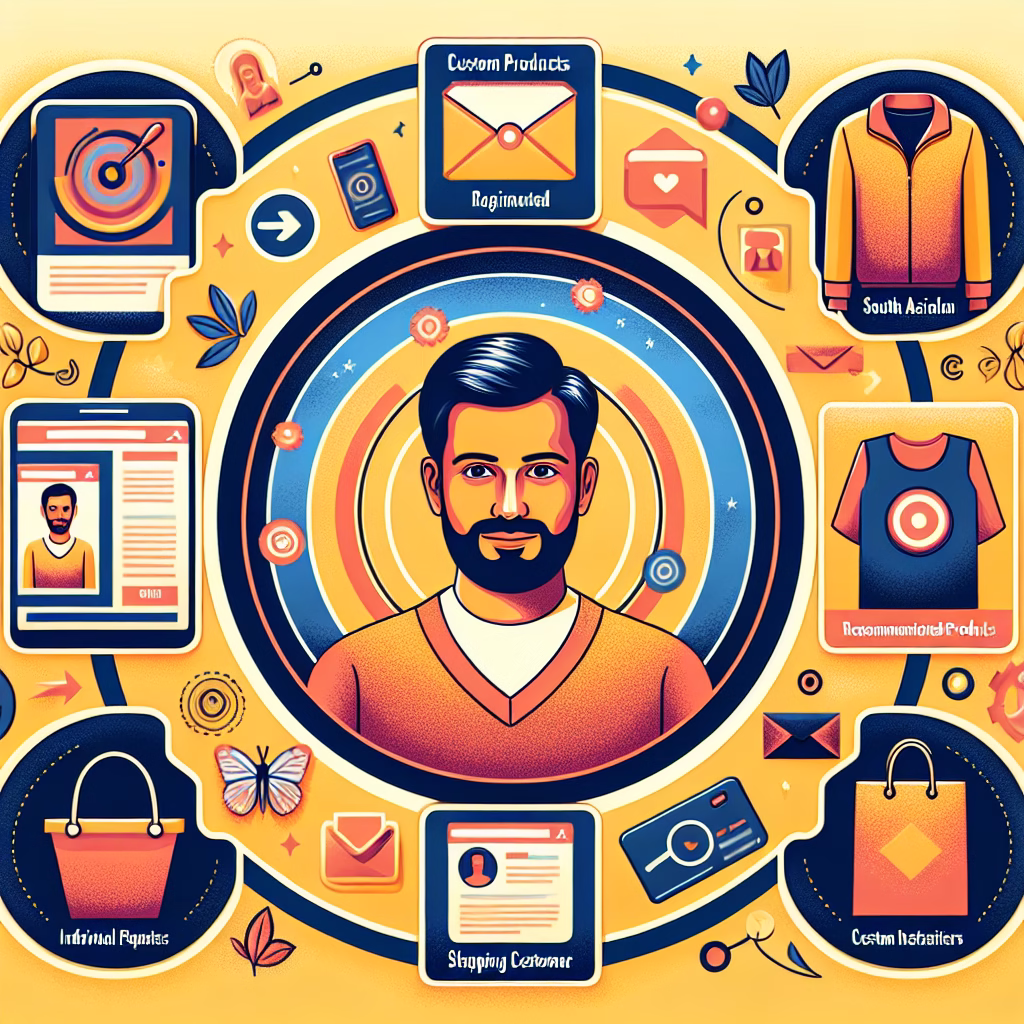 A customer surrounded by personalized marketing elements like suggested products, tailored emails, and customized website interfaces. The scene should convey a feeling of being understood and valued as an individual customer.