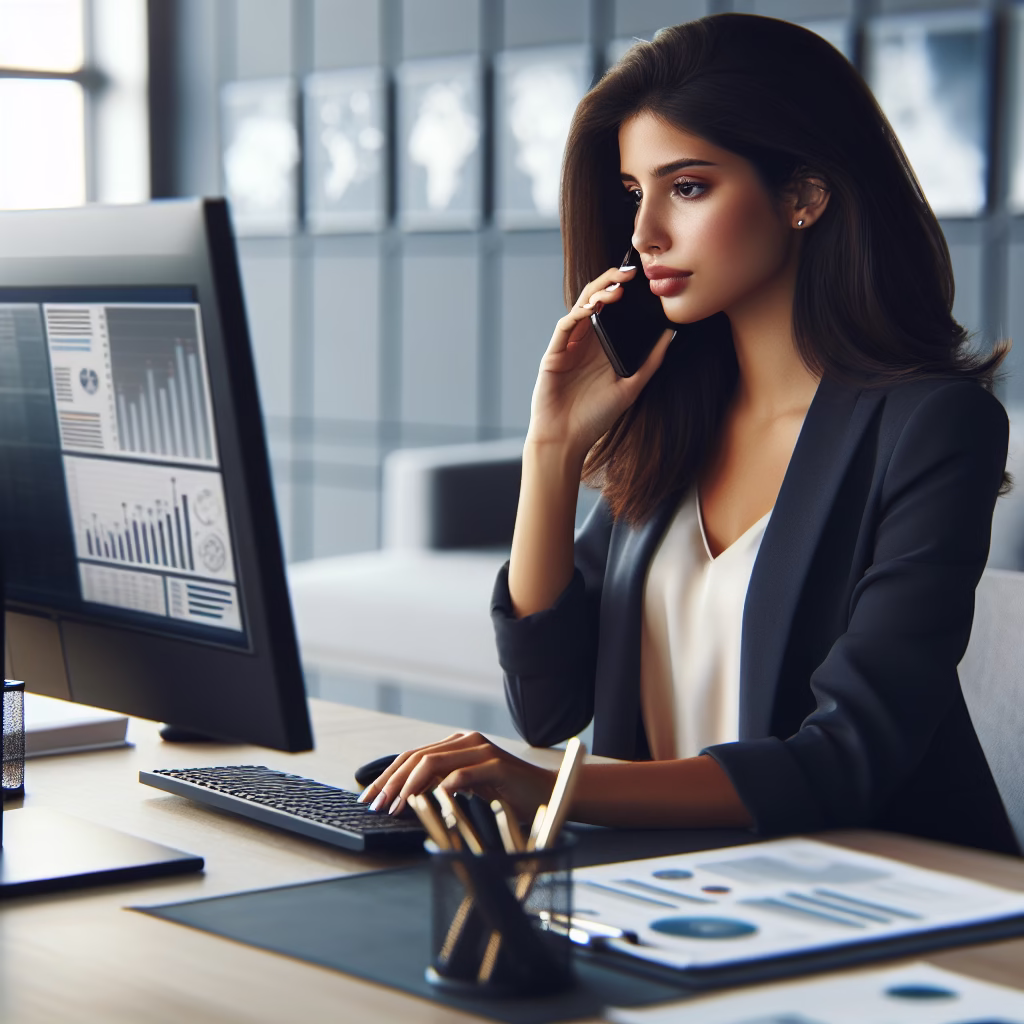 A sales representative making a phone call while looking at customer data on a computer screen. Emphasize professionalism and focused communication.