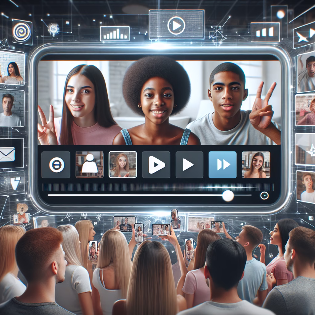 A split-screen image showing a YouTube channel on one side, with interactive elements and AI-driven recommendations, and a diverse group of young people engaging with YouTube Shorts on the other. The image emphasizes the importance of YouTube Shorts and personalized content in attracting younger audiences.