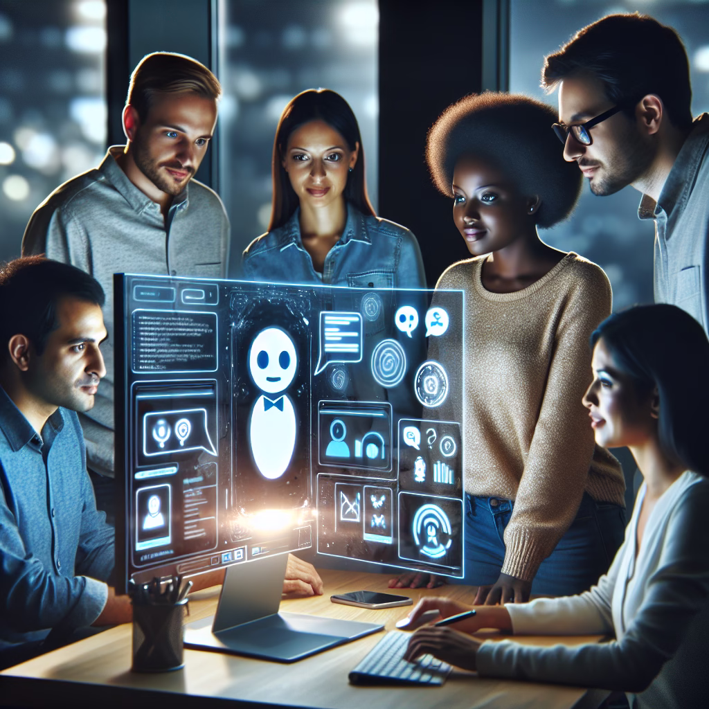 A diverse group of people collaborating around a digital screen displaying a chatbot interface. The chatbot is assisting with marketing tasks and providing customer support.