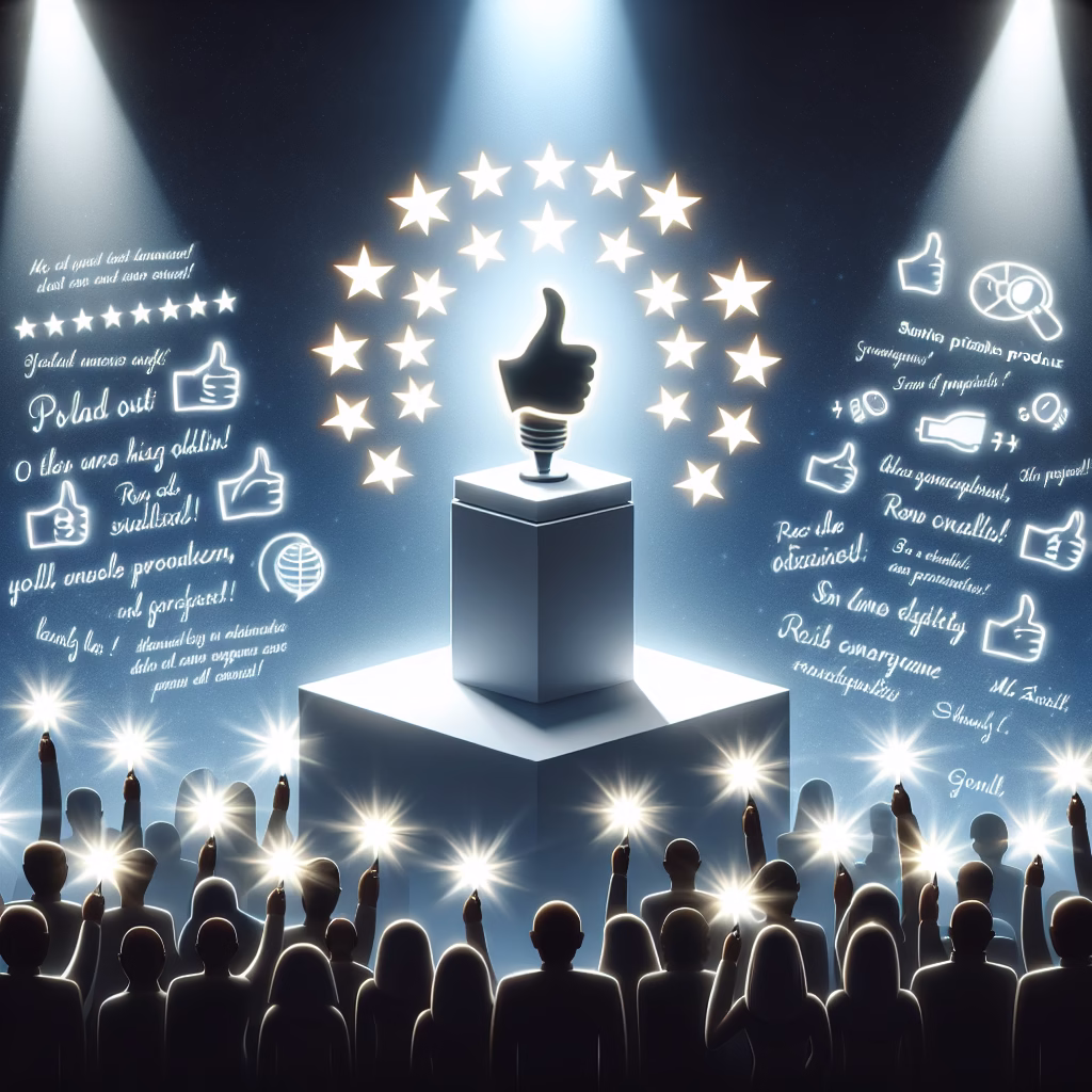 A product standing prominently on a pedestal, surrounded by positive imagery and testimonials, illustrating effective product positioning. The product is clearly differentiated from its competitors, highlighting its unique value proposition.