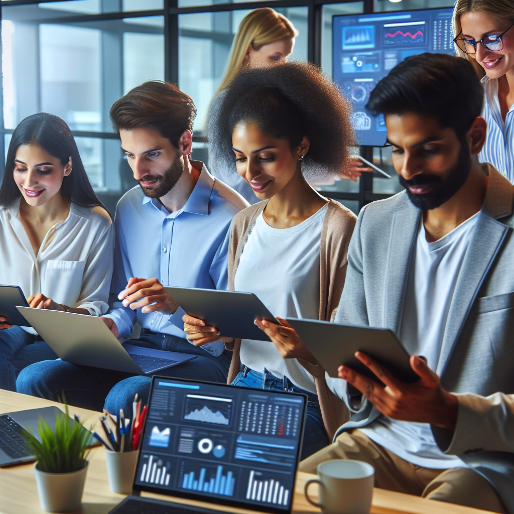 A diverse team collaborating on a digital marketing strategy, using laptops and tablets, with data dashboards in the background, brightly lit and modern office space.