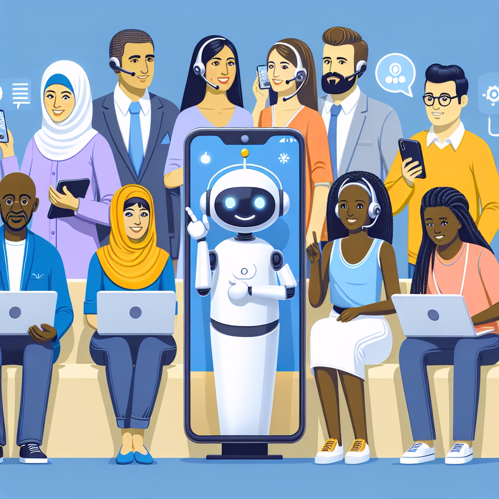 A diverse group of customers interacting with a friendly AI chatbot on various devices, showcasing a personalized customer service experience.