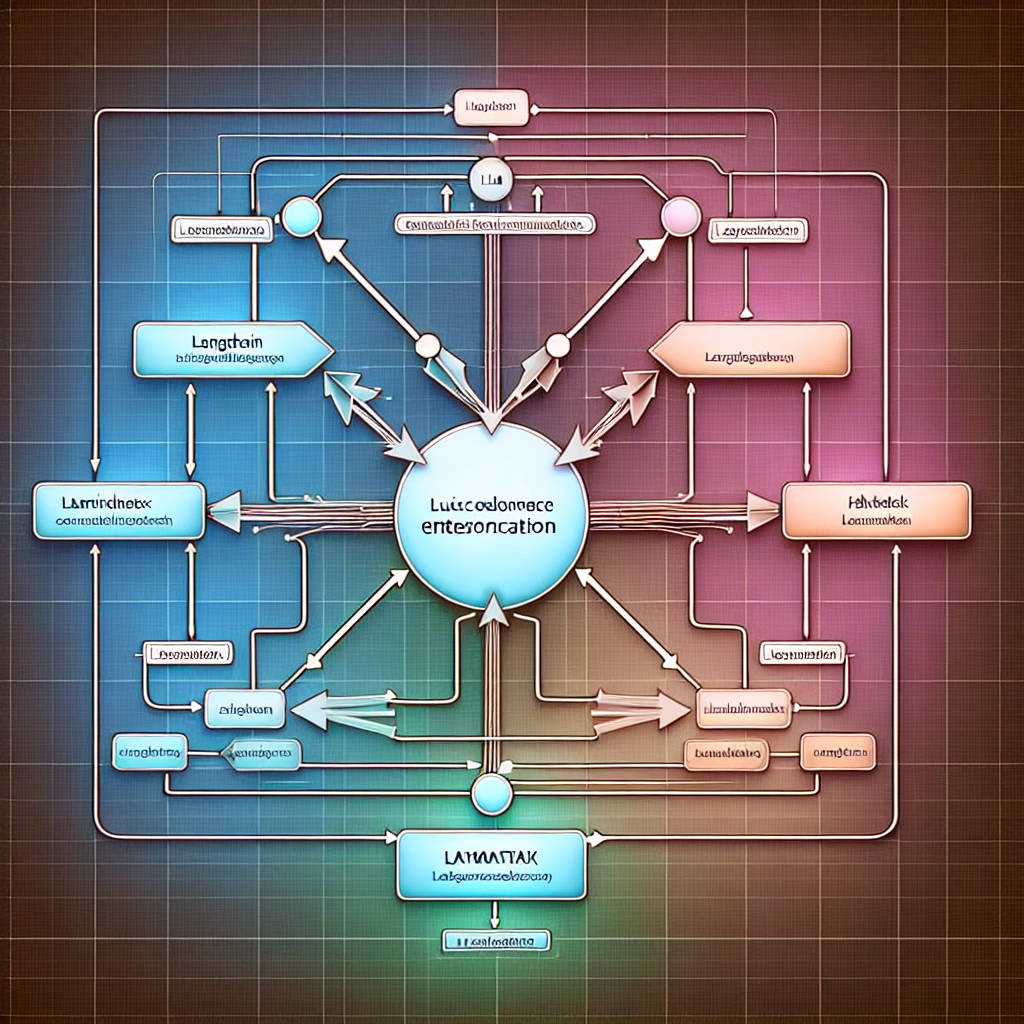 A diagram illustrating the interconnectedness of various open-source LLM frameworks like LangChain, LlamaIndex, and Haystack. The diagram should show data flowing between these frameworks, representing the collaborative nature of open-source development. The color scheme should be professional and informative.