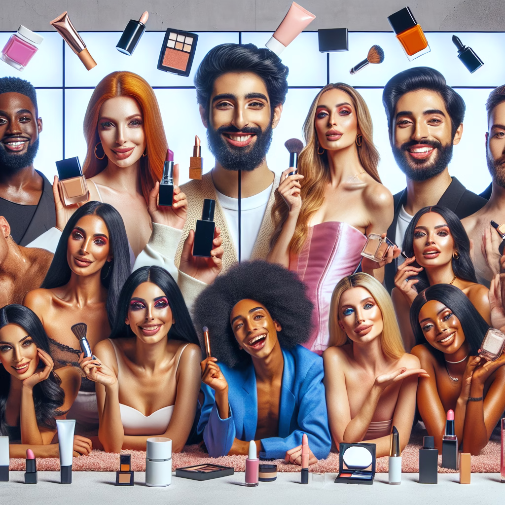 A diverse group of beauty influencers showcasing various makeup products and skincare routines on a vibrant social media platform. The scene should be modern, energetic, and highlight the impact of influencers on beauty trends.