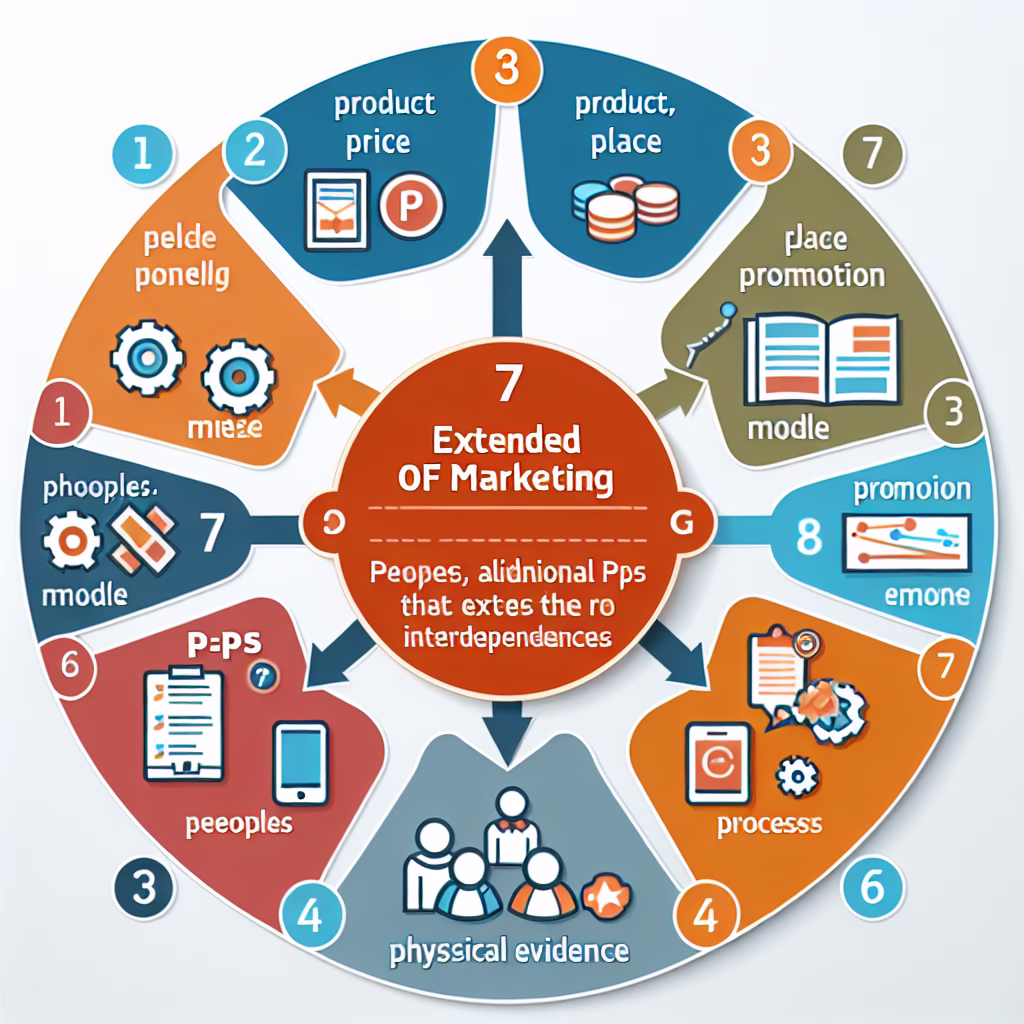 A diagram showcasing the extended 7Ps of marketing, emphasizing the additional elements of People, Processes, and Physical Evidence, with connections highlighting their interdependence.