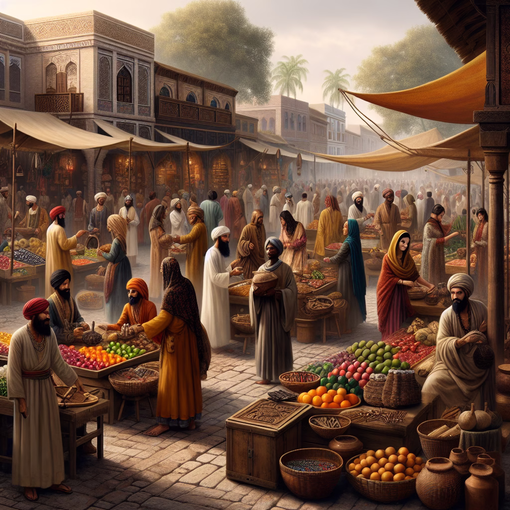 A bustling marketplace in a pre-industrial era town, with vendors displaying their goods and customers haggling over prices. Focus on the raw, direct exchange of goods and the social interaction between buyers and sellers.