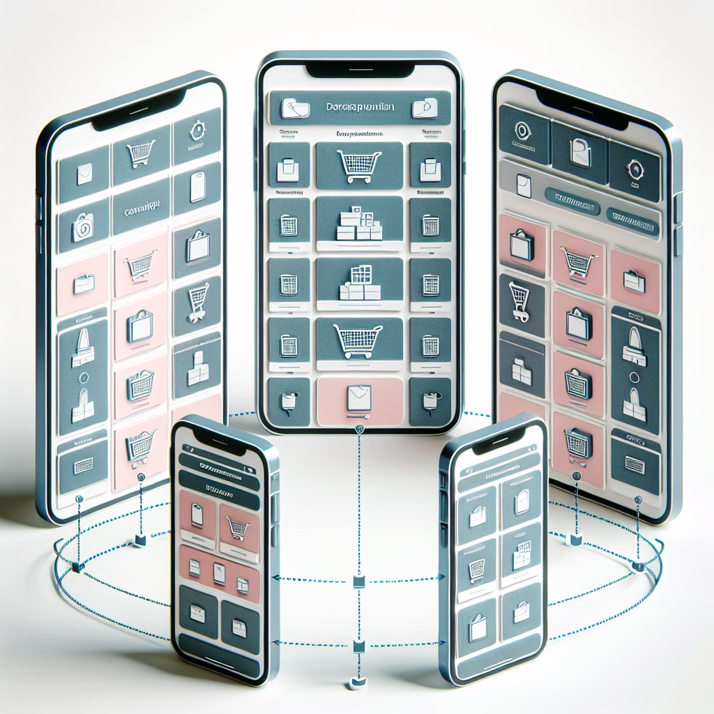 A user interface design concept showing a seamless transition between a mobile app, a website, and a physical store environment, all connected and displaying the same product information.