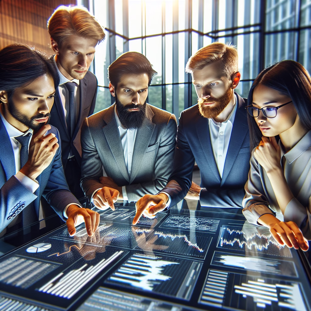 A team of business professionals analyzing market data on a large screen, discussing potential leads and target customers. Focus on collaboration and strategic planning.