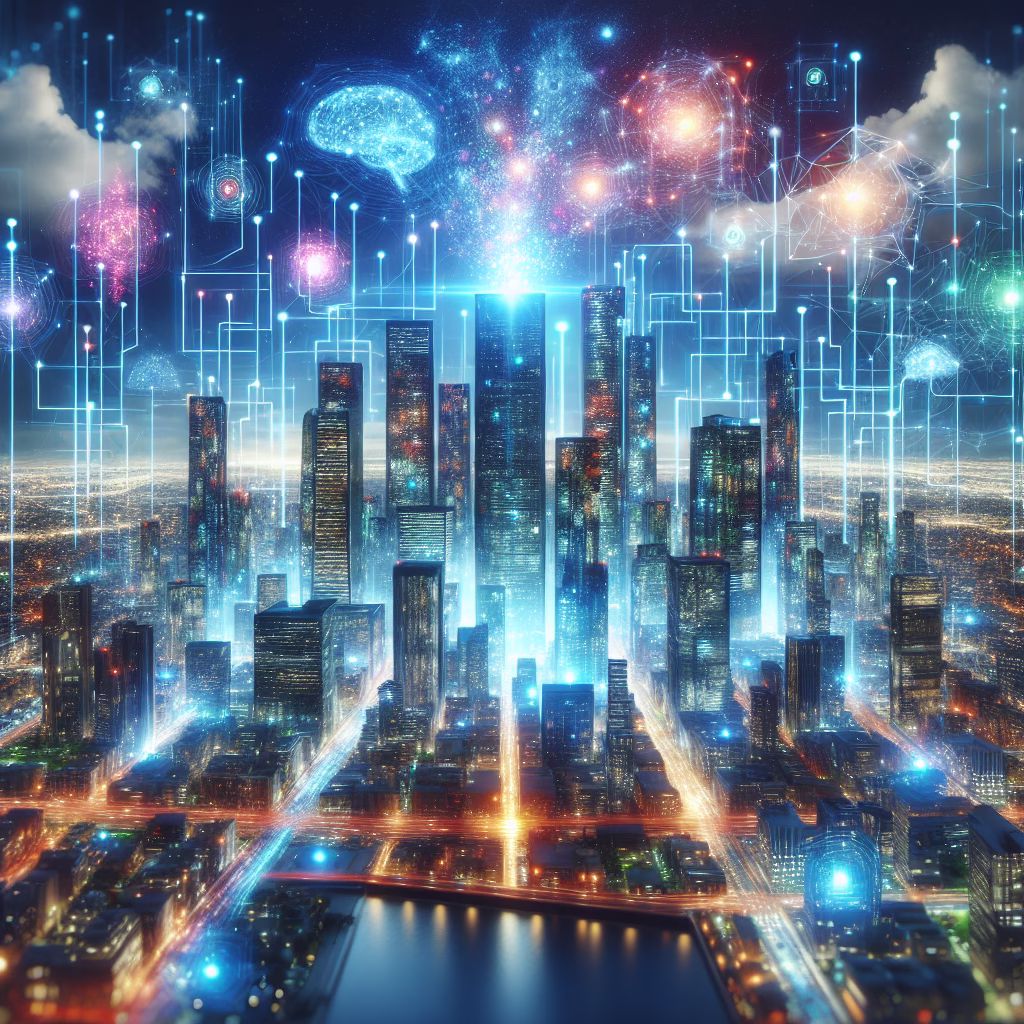 A futuristic cityscape with glowing skyscrapers, representing the power of AI in marketing. The sky is filled with data streams and neural network connections.