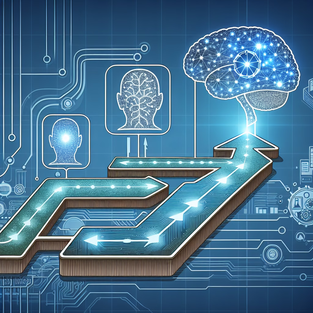 A strategic roadmap illustration with steps leading to an AI brain graphic at the top, representing a business's journey towards AI adoption.