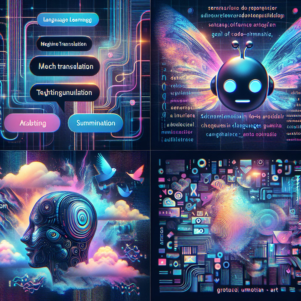 A collage showcasing various applications of LLMs, including a chatbot interface, a machine translation app, a text summarization tool, and an AI-generated art piece. Each application should be visually distinct and represent the diverse capabilities of LLMs. The overall composition should be dynamic and futuristic.