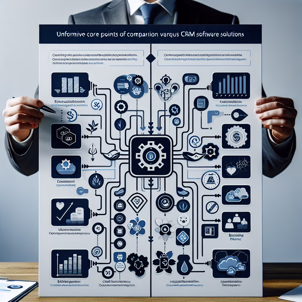 A comparison chart of different CRM software solutions, highlighting features, costs, and integration capabilities. Emphasis on making the right choice for business requirements.