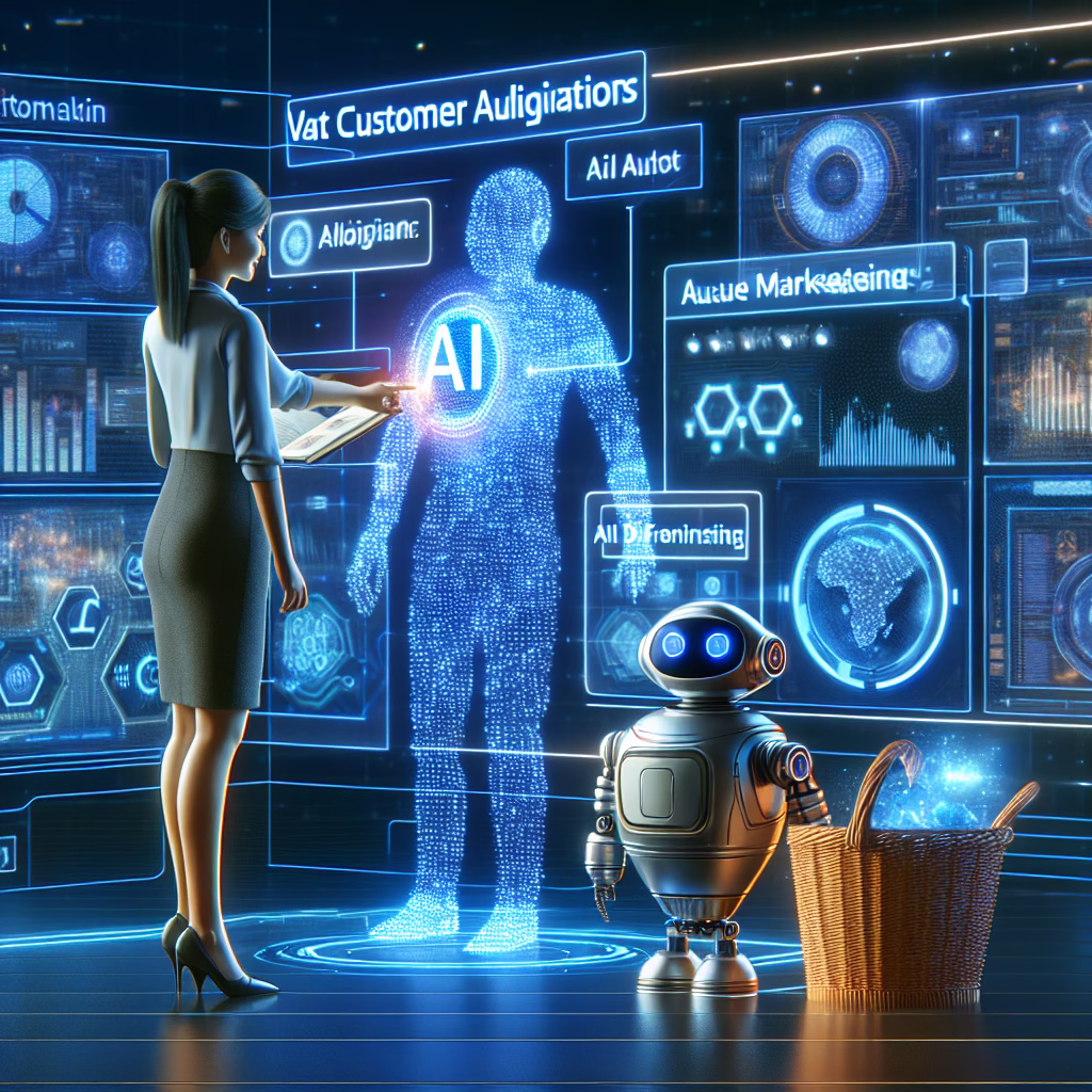 A futuristic scene showing AI algorithms analyzing customer data, with a robot assisting a marketer. The image emphasizes the importance of AI and technology in future marketing strategies.