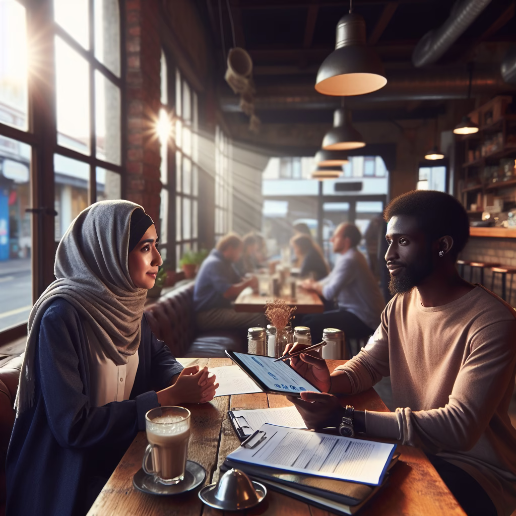 A researcher conducting a survey, interviewing a customer in a cafe, with data collection tools like tablets and questionnaires in view.